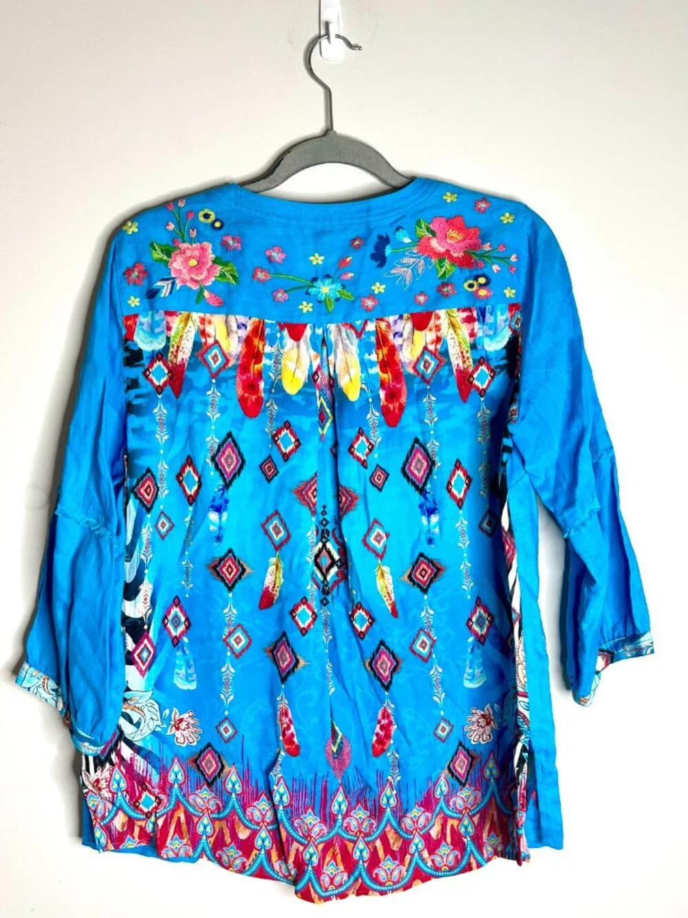 John Mark Turquoise Floral Embroidered Tunic Bohemian Colorful Artsy Button-Up S - Picture 7 of 7